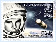 Nel francobollo il sovietico Jurij Alekseevič Gagarin e il “Vostok 1”