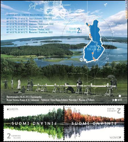 Il foglietto per l'arco di Struve (con un francobollo dentro l'altro) e la coppiola PostEurop (i due singoli esemplari, oltre ad essere autoadesivi e al tempo stesso dentellati, possono essere utilizzati anche ribaltati, secondo la stagione); fanno parte dell'infornata finlandese odierna