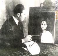 Amelio Griguolo in una foto d'epoca alle prese con i pennelli
