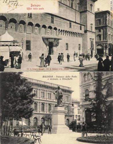 Le due sedi postali in altrettanti cartoline: quella in piazza Nettuno, che chiuse nel 1911, sostituita dall'attuale, in piazza Minghetti