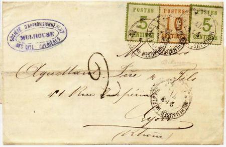 Una lettera spedita il 21 marzo 1871 da Mulhouse a Lione ed affrancata con i valori di occupazione tedeschi; non essendo riconosciuti validi nel resto della Francia, il plico venne tassato per 20 centesimi
