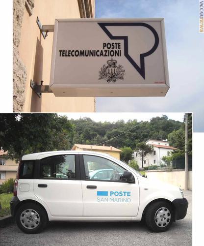 Vecchio (l'insegna presso la sede di Domagnano) e nuovo emblema (su un'auto di servizio a Fiorentino): anche così stanno cambiando le Poste sammarinesi
