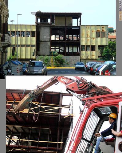 Firenze: il palazzo come si presentava e il sindaco Matteo Renzi ieri sulla ruspa per la demolizione (foto: studio associato Cge fotogiornalismo)