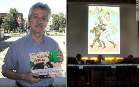 Anche le cartoline sfruttano il concetto di Patria: Enrico Sturani con il libro ed un momento della sua relazione