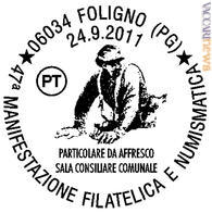 L'annullo di Foligno; richiama il dettaglio di un affresco che ricorda Colomba Antonietti, morta per difendere la Repubblica romana