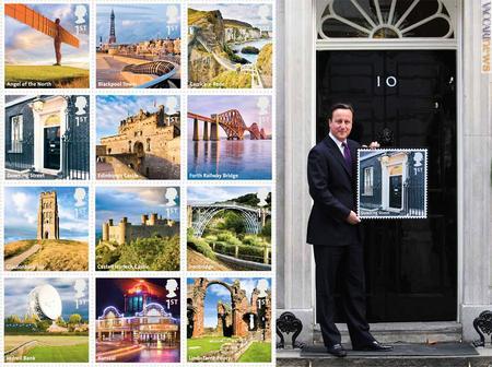 La serie completa ed il primo ministro britannico, David Cameron, con il “suo” francobollo