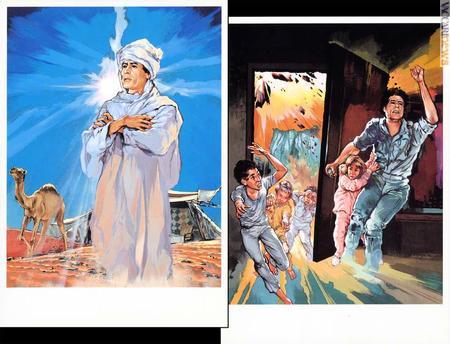 Muammar Gheddafi in versione ieratica e sotto le bombe Usa: sono due delle immagini impiegate anche nelle cartoline postali per il secondo anniversario dall'attacco di Washington compiuto il 15 aprile 1986