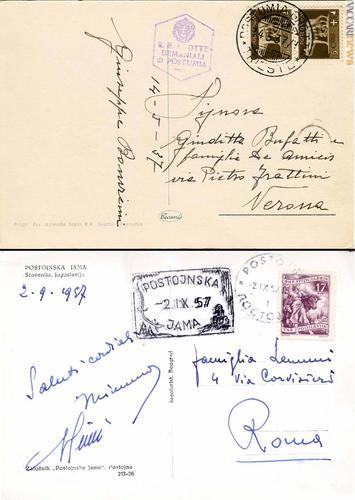 Il servizio postale nelle grotte di Postumia attraverso due cartoline della fase italiana e jugoslava (collezione Luigi Ruggero Cataldi)