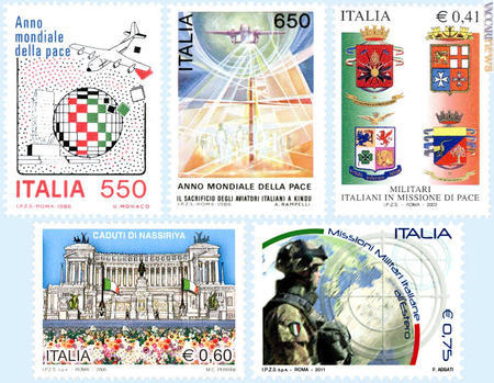 I francobolli del 1986, 2002, 2006 e 2011 dedicati ai soldati italiani attivi all'estero