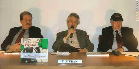 I relatori della serata: ai lati, i giornalisti Dario Moretti e Maurizio Pagliano; al centro, l'autore del volume, Enrico Sturani