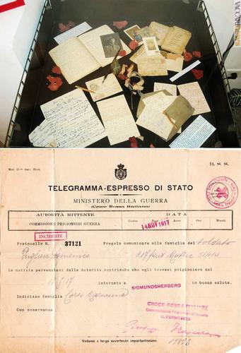 Una teca dell'allestimento e uno dei telegrammi proposti, riguardante la richiesta di informazioni su un prigioniero (archivio Federico Sancimino)
