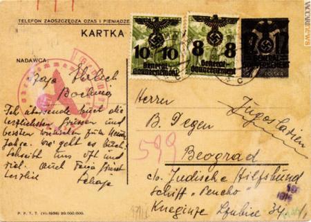 Una cartolina partita dalla Polonia il 18 settembre 1940 e indirizzata, a Belgrado, ad un passeggero del “Pentcho” (collezione Gianfranco Moscati)