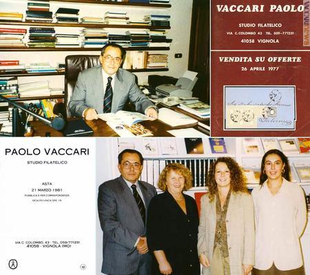 Paolo Vaccari nel suo studio appena aperto, le copertine del primo catalogo (1977) e della prima asta pubblica (1981), la famiglia nel 1998
