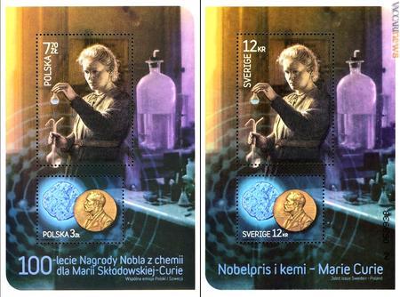 I due foglietti firmati l'anno scorso da Polonia e Svezia per Marie Curie: hanno vinto il confronto come migliore carta valore incisa
