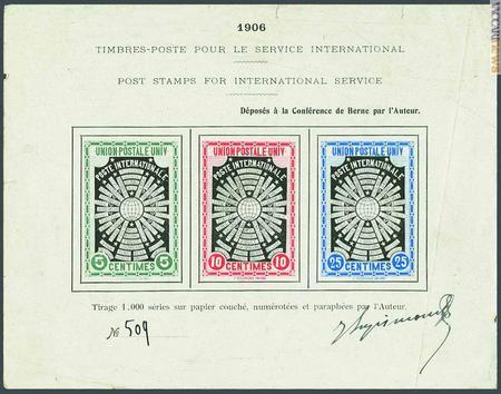 Roma, 1906. Per il VI Congresso dell'Upu, venne proposto un francobollo destinato al servizio internazionale, qui declinato in tre tagli, da 5, 10 e 25 centesimi (4.051, 150 franchi)