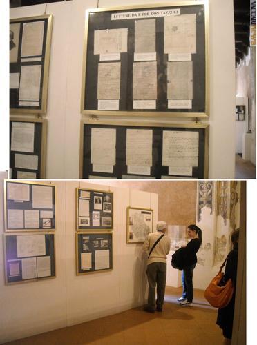 Un quadro con alcune delle lettere del sacerdote ed una visione d'insieme della mostra, che sarà raggiungibile fino al 20 maggio
