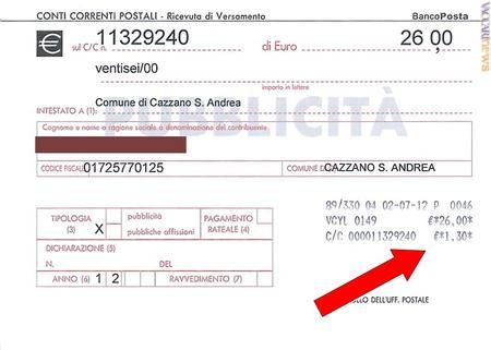 Un bollettino pagato oggi ad 1,30 euro, cifra evidenziata dalla freccia (immagine: Beniamino Bordoni)