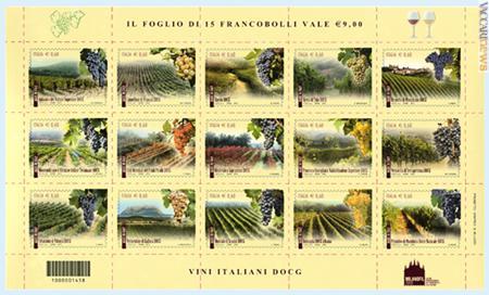Serie tematica Made in Italy dedicata al vino DOCG, foglio di quindici francobolli