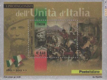 La versione in lamina d'argento del foglietto 2011 per Giuseppe Garibaldi