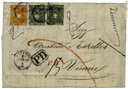 Lotto 2760 - Da Firenze 27 gennaio 1860 a Vienna con Gov. Provvisorio 20 c., 2 es. + 80 c., inoltrata via di Svizzera. Parte da 6500 euro