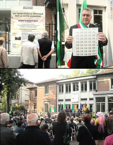 Tre momenti della mattinata: il pubblico davanti ad uno dei cartelloni promozionali, il sindaco Sergio Ghisellini che mostra il foglio con le cartevalori, la cerimonia