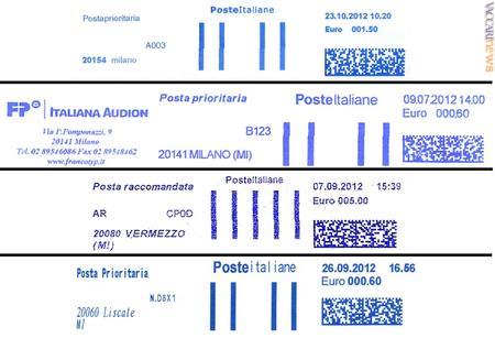 Quattro impronte, apparentemente simili. In realtà, la lettera che precede il codice permette di individuare la marca della macchina. Nell'ordine, sono apparecchi Francopost (“A”), Francotyp (“B”), Neopost (“C”) e Pitney Bowes (“D”). Immagini: Nino Barberis e Milvio Bencini