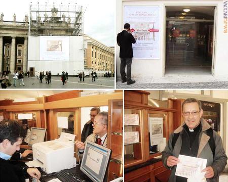 La sequenza fotografica di questa mattina: l’enorme pannello pubblicitario; la seconda indicazione all’ingresso dell’Ufficio pellegrini e turisti; l’operatore mentre digita il nome del cliente al pc (al suo fianco, si vede la stampante); uno degli acquirenti che mostra il foglietto