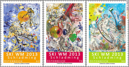 I tre francobolli lanciati dall'Austria per i Campionati mondiali di sci alpino