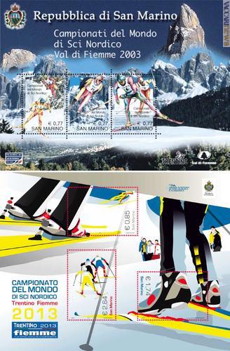 Foglietti per i Campionati mondiali di sci nordico a confronto: l'omaggio del 24 gennaio 2003 e quello atteso per il prossimo 13 febbraio
