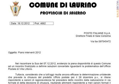 La scelta del Comune di Laurino (Salerno) nella lettera spedita dal sindaco, Romano Gregorio, a Poste italiane