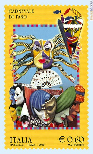 Francobollo ordinario dedicato al Carnevale di Fano, appartenente alla serie tematica “il Folclore italiano”