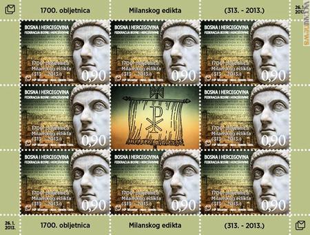 Come si presenta il minifoglio, contenente otto francobolli identici delle Poste di Mostar e, al centro, la vignetta
