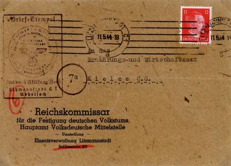 Una busta intestata allo speciale Commissariato preposto al trasferimento in Germania dei beni degli ebrei segregati nel ghetto della polacca Łódź, Litzmannstadt in tedesco