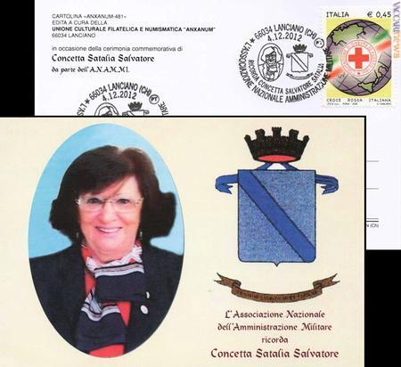 Tra le iniziative in ricordo di Concetta Satalia Salvatore, anche un annullo utilizzato nella sua Lanciano (Chieti) il 4 dicembre scorso. Qui la cartolina collegata
