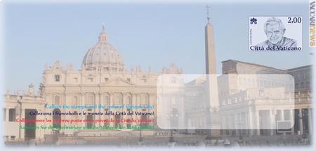 La busta con piazza San Pietro e, nell’impronta di affrancatura, il viso di Benedetto XVI