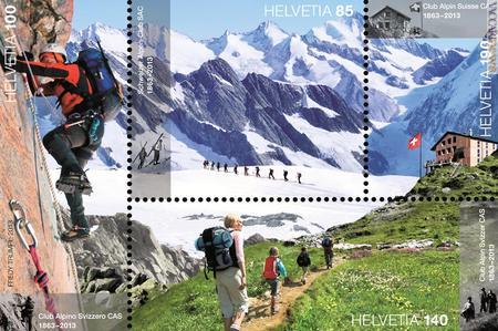 Il blocco, composto da quattro francobolli differenti, per il Club alpino svizzero
