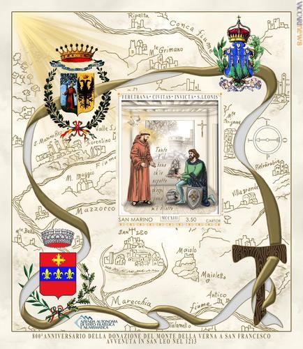 
Nel francobollo la scena tra san Francesco ed il conte Orlando Cattani da Chiusi; sui bordi la carta del Montefeltro