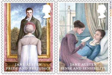 Due dei sei francobolli; citano “Orgoglio e pregiudizio”, che ha dato il là all’emissione, e “Ragione e sentimento”, dal soggetto postale