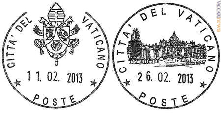 I due annulli di servizio delle Poste vaticane: il primo riprende lo stemma di Benedetto XVI