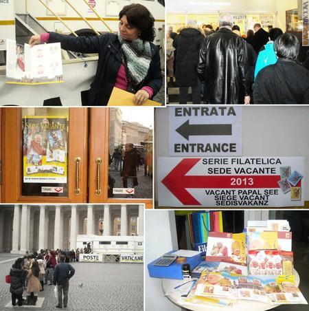 Alcune foto scattate oggi in Vaticano, con folder acquistati, persone in fila, locandina e cartello promozionali. L’ultima, invece, si riferisce al tavolino allestito al Roma 47
