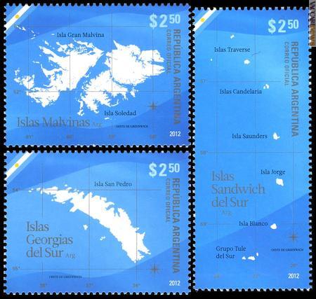I tre francobolli con cui l’Argentina ribadisce, ancora una volta, la propria competenza su Falkland, Georgia del Sud e Sandwich Australi. Sono usciti il 31 marzo 2012
