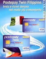 La pubblicità per la “Postepay twin” a doppio logo; i testi interni del pieghevole sono bilingui, italiano e tagalog