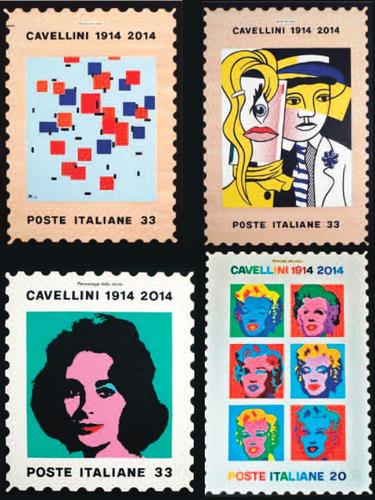 Alcuni dei “francobolli” riprodotti nel libro, tutti richiamanti il centenario di Gac: “Lichtenstein”, “Mondrian”, “Liz” e “Marilyns”