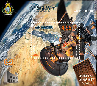 Il foglietto emesso il 13 giugno 2012 per festeggiare il primo anno di San Marino RTV su satellite