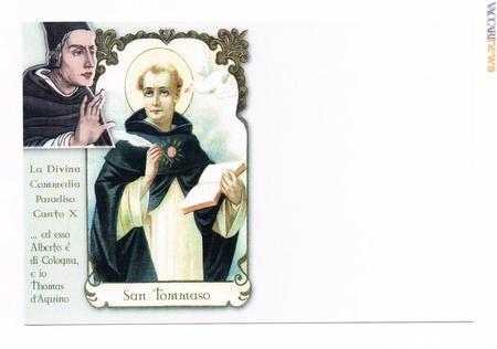 La cartolina che raffigura Alberto di Cologna e san Tommaso d’Aquino, citati nel canto X del Paradiso
