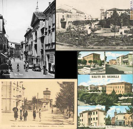 Quattro tra le località colpite in altrettante cartoline d’epoca: da sinistra in alto, Concordia sulla Secchia, Finale Emilia, San Felice sul Panaro e Medolla