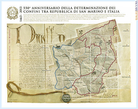Foglietto celebrativo del 550° anniversario della determinazione dei confini tra la Repubblica di San Marino e l’Italia