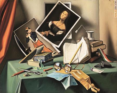 È di Gregorio Sciltian l’olio su tela “Il tavolo del critico d’arte”. In basso si notano le due buste affrancate, ma di difficile individuazione