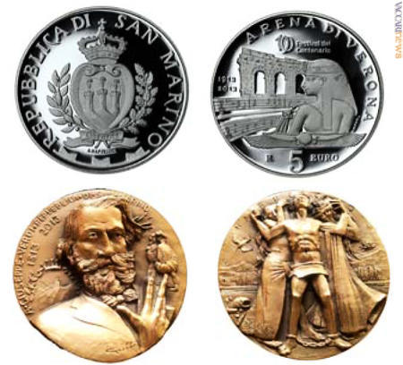 La moneta in argento dedicata all’Arena di Verona e la medaglia in bronzo per il compositore