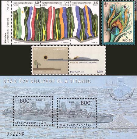 I francobolli (immagini: catalogo Unificato) che hanno richiamato l’attenzione della giuria, nell’ordine quelli di Liechtenstein, Nazioni Unite, Grecia e Ungheria